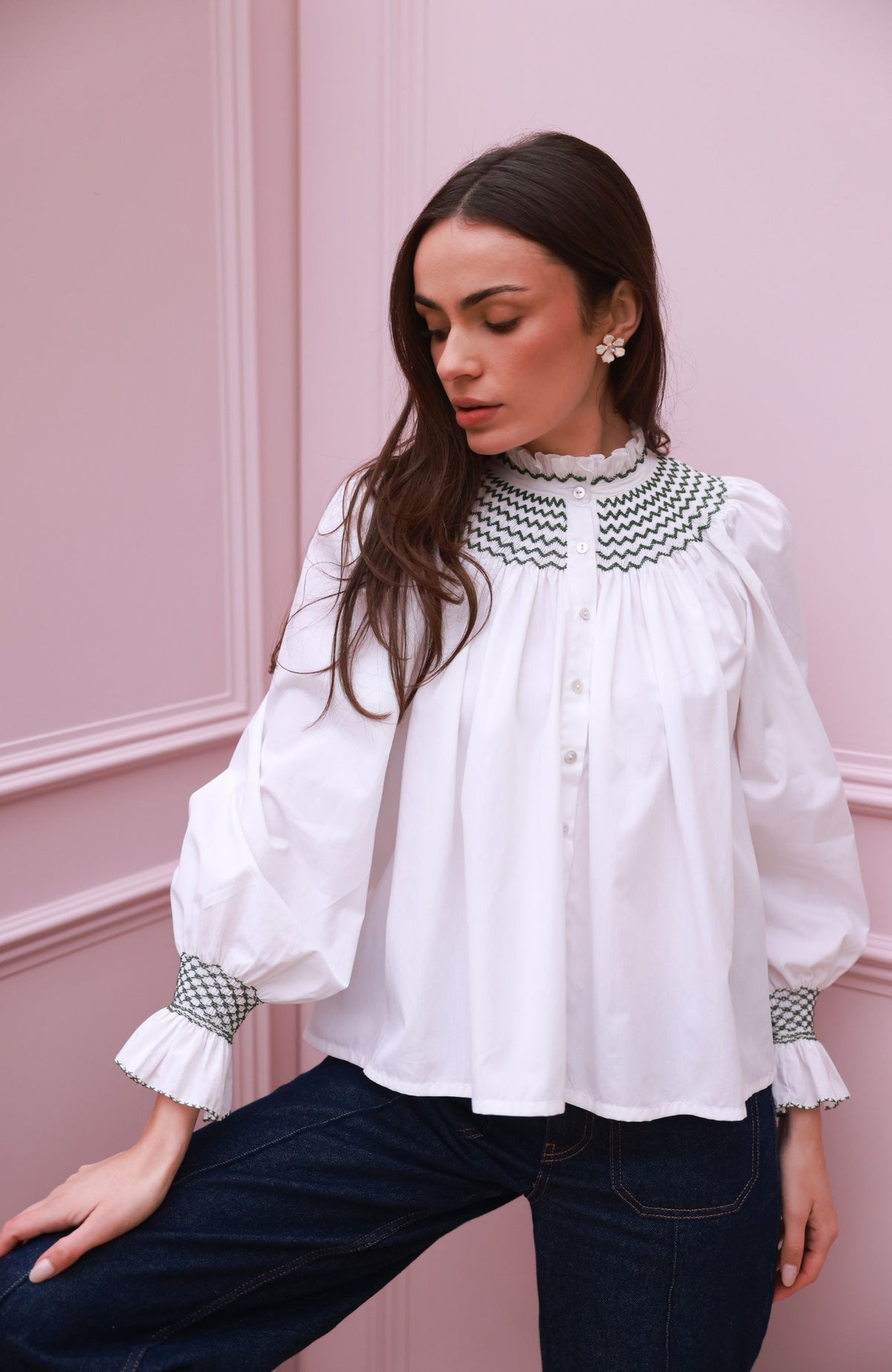 Scholl Women's Blouse White with Oak Leaf Hand Smocking Edition 55