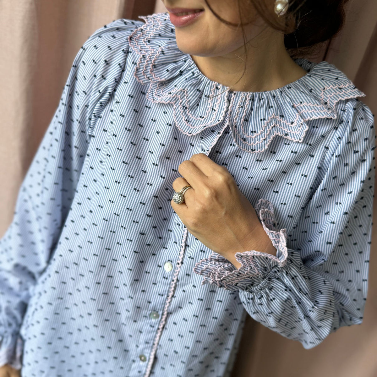 Small Bronte Blouse Indigo Plumetti with Ballet Slipper Embroidery