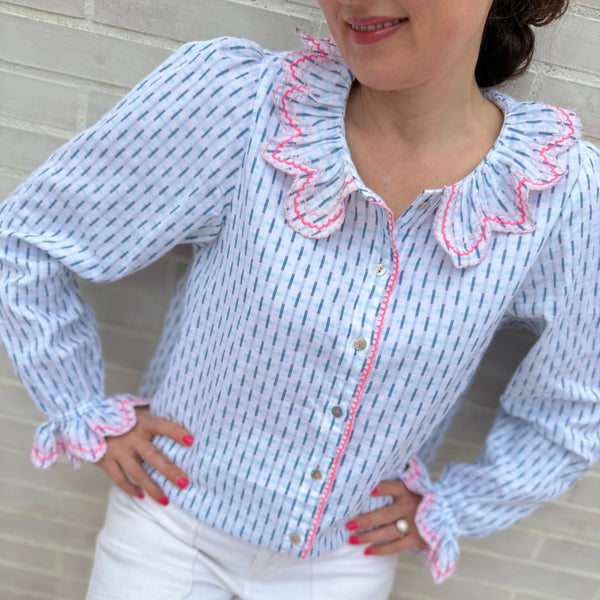 Bronte Blouse Skyscraper Stripes with Strawberrylicious Embroidery