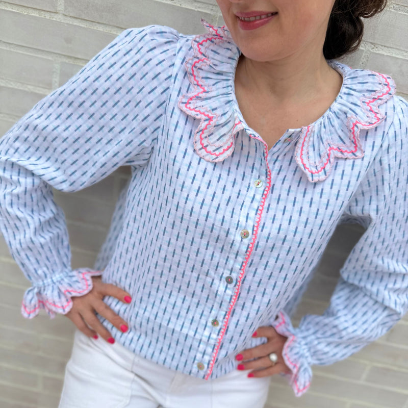 Bronte Blouse Skyscraper Stripes with Strawberrylicious Embroidery