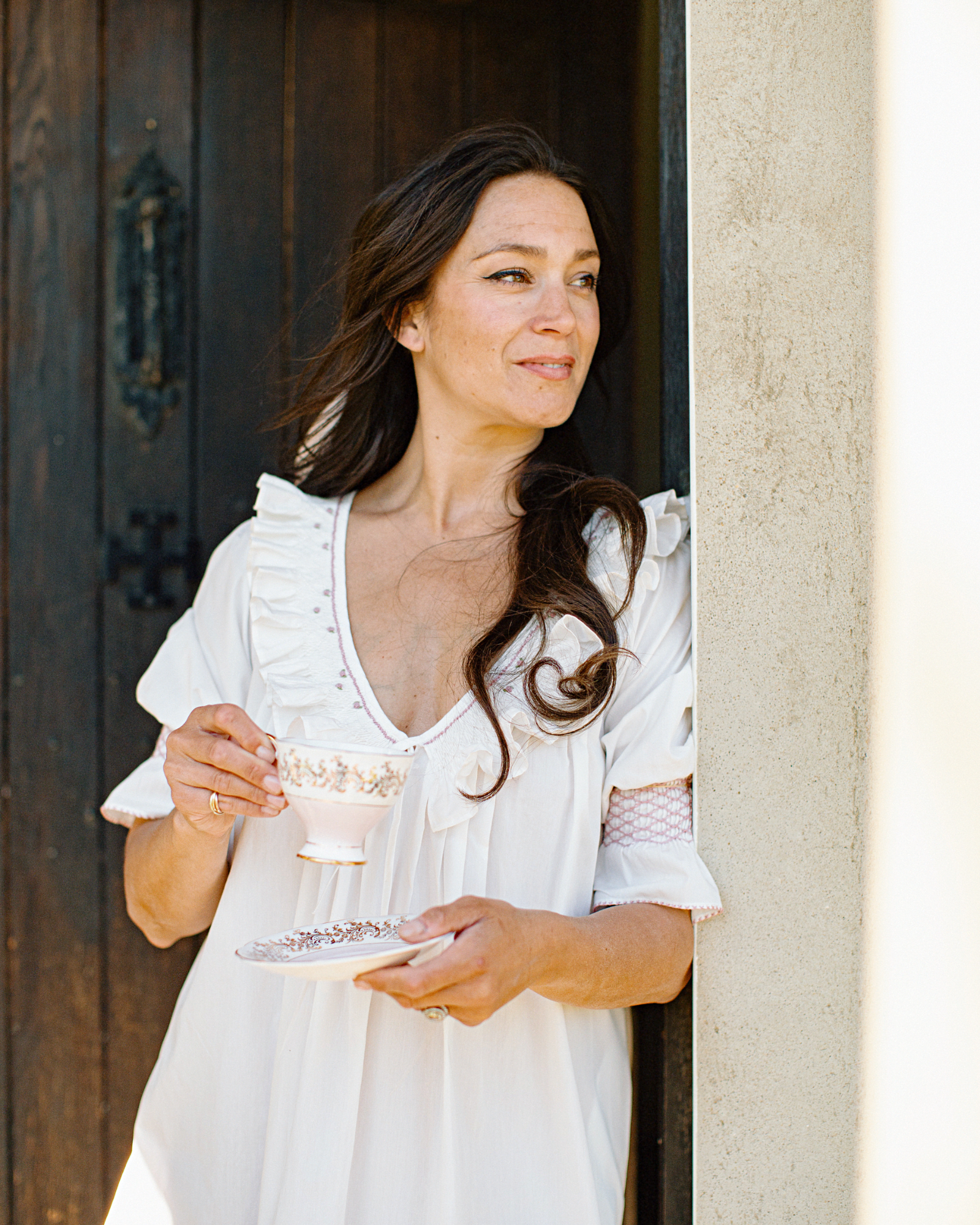 My Mulberry House x Smock London Beth Night Gown White Cotton with Dusty Pink Rose Lattice Hand Smocking