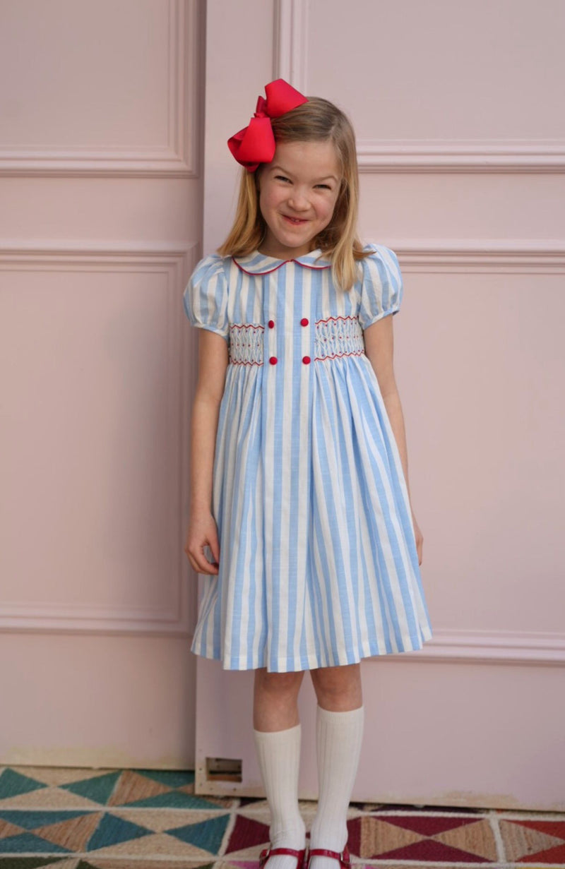 Thatcher Dress Sailor Stripe with White Heart Hand Smocking