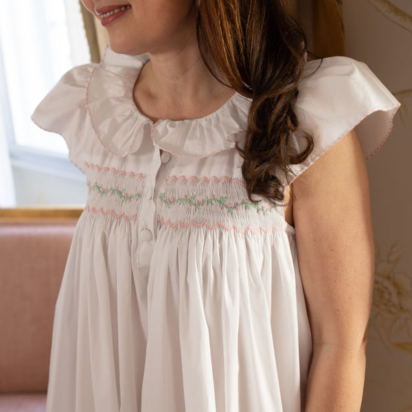 Memo Press x Smock London Women's Nightingale Dress Moonstone with Rose Garland Hand Smocking