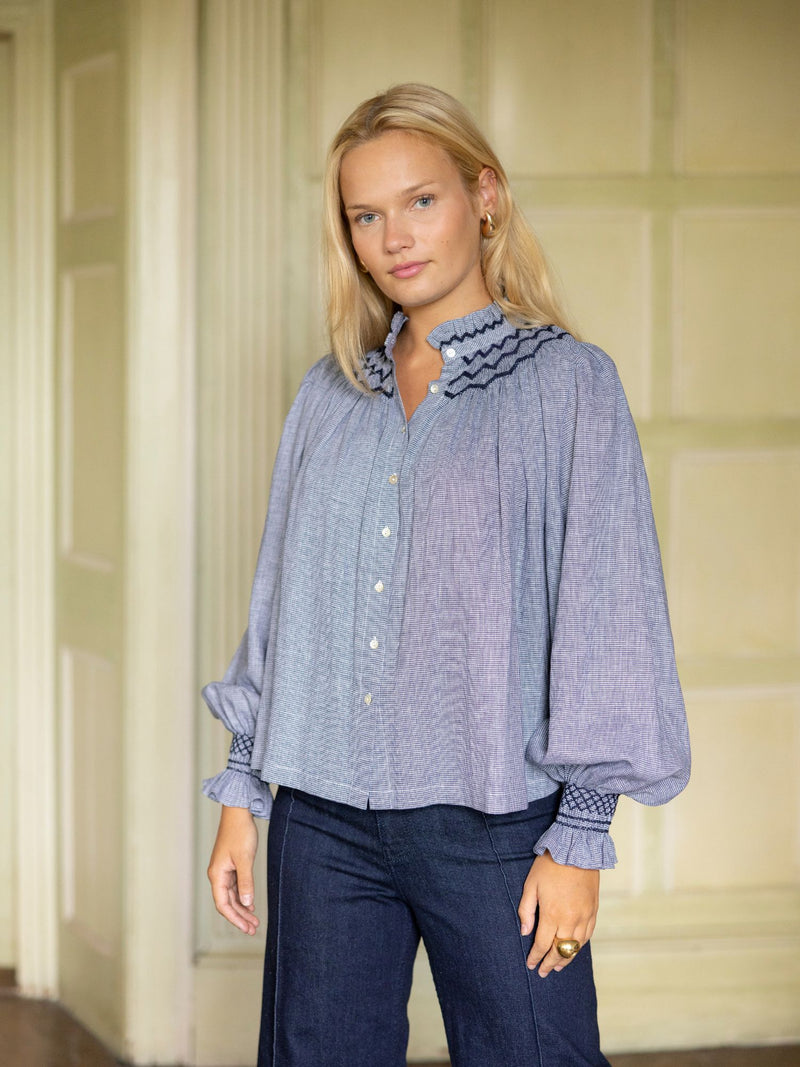 Scholl Blouse Navy Houndstooth with Blackberry Hand Smocking Edition 46