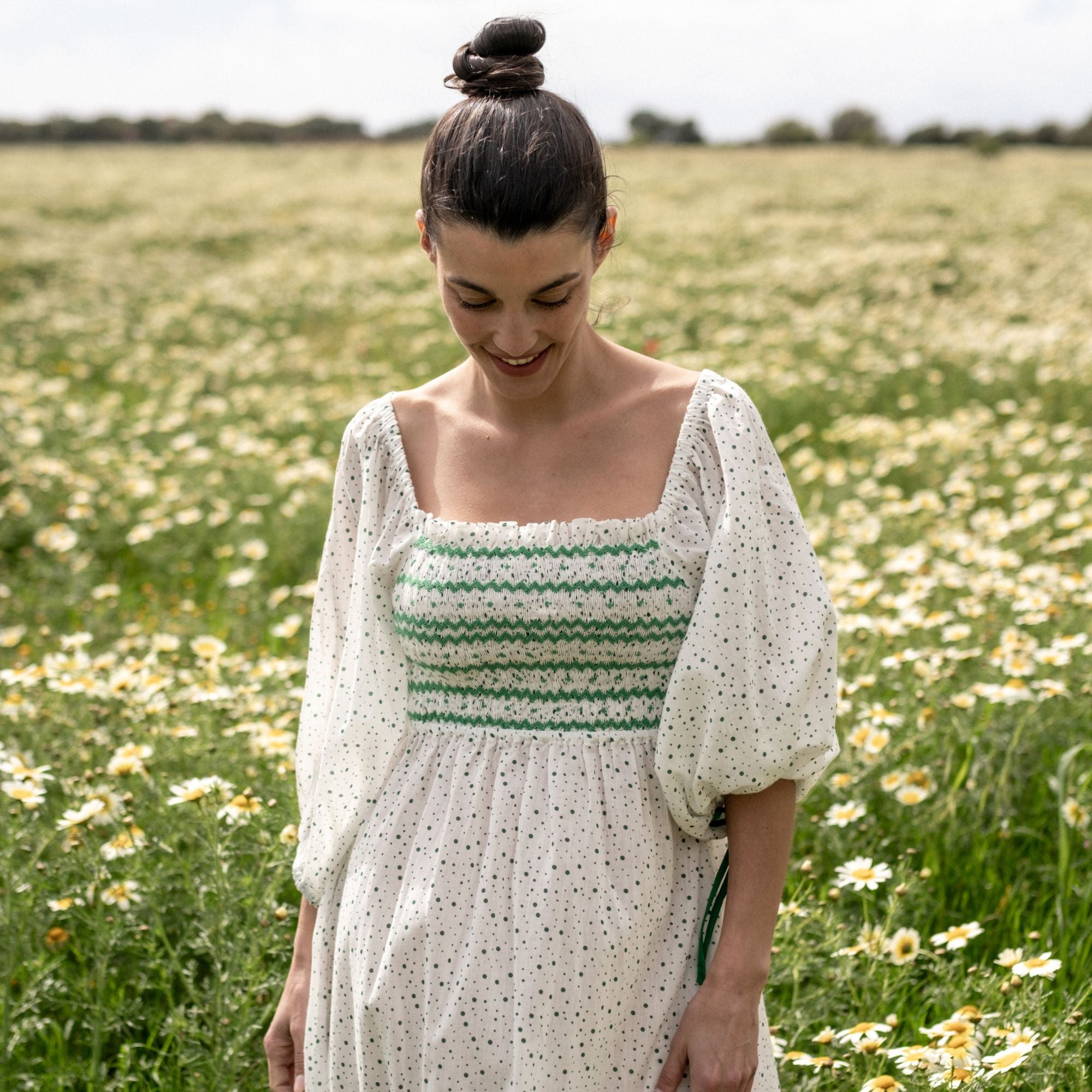 Medium Josefine Butler Dress Frobscottle Spot with Cool as a Cucumber Hand Smocking
