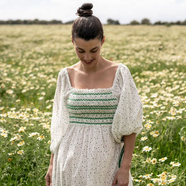 Josefine Butler Dress Frobscottle Spot with Cool as a Cucumber Hand Smocking