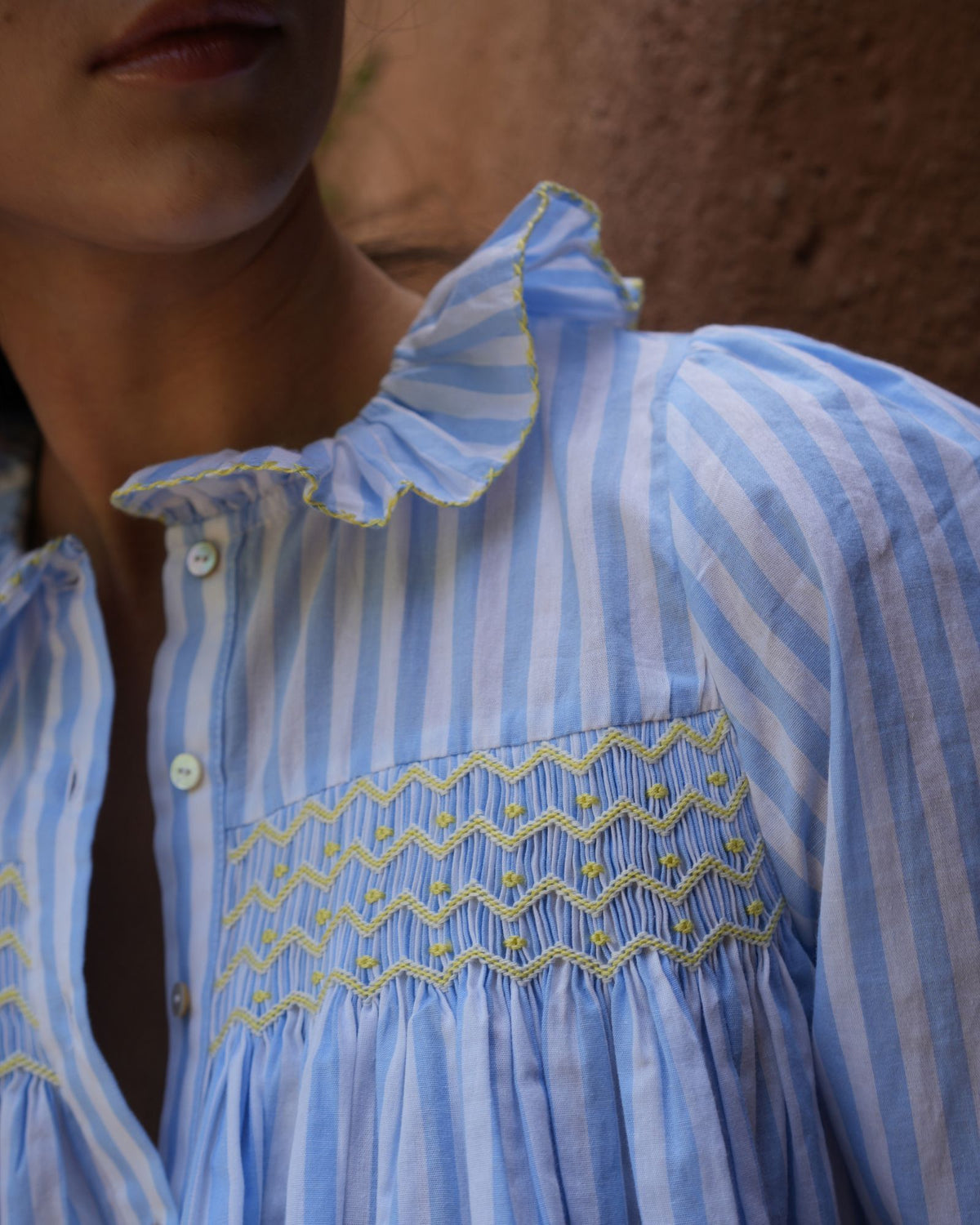 Betsy Fry Blouse Forget Me Not Stripe with Lemonade Hand Smocking  Edition 22