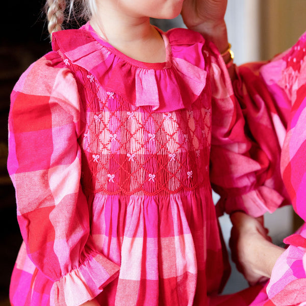 Jane Austen Romper Great Gingham with Crimson Hand Smocking