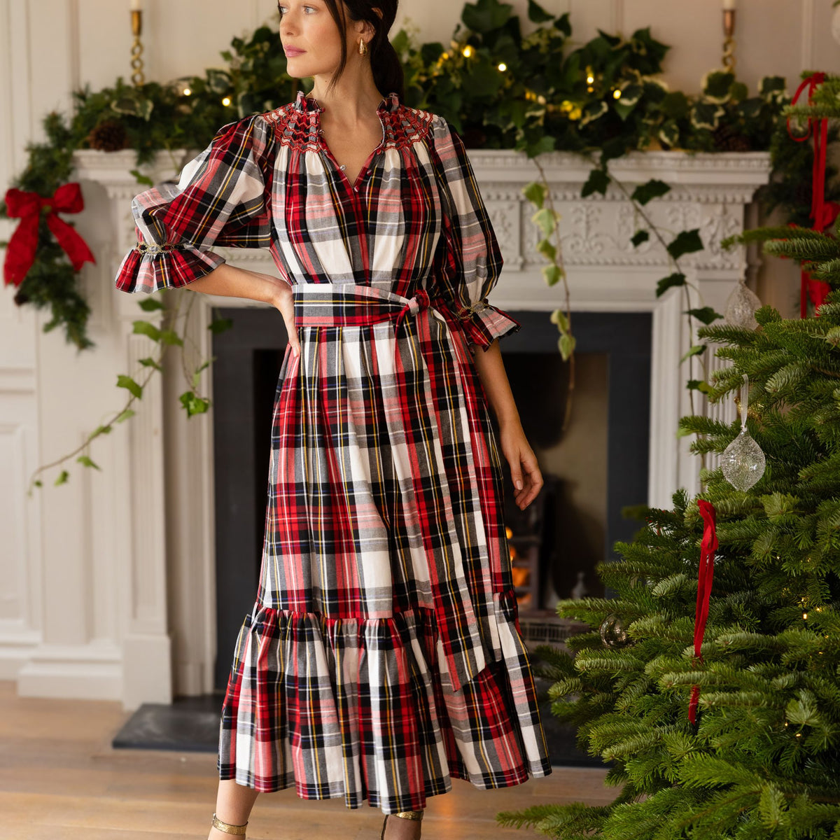 S/M Colette Dress Royal Tartan with Sleigh Bell Hand Smocking