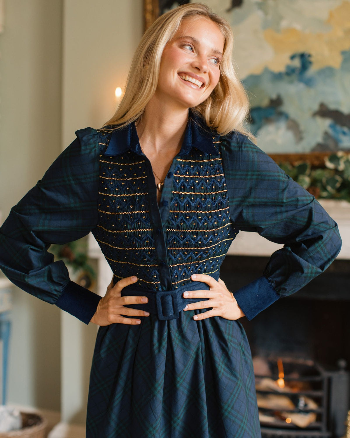 Woodhull Dress Kinross Tartan with Royal Navy Hand Smocking