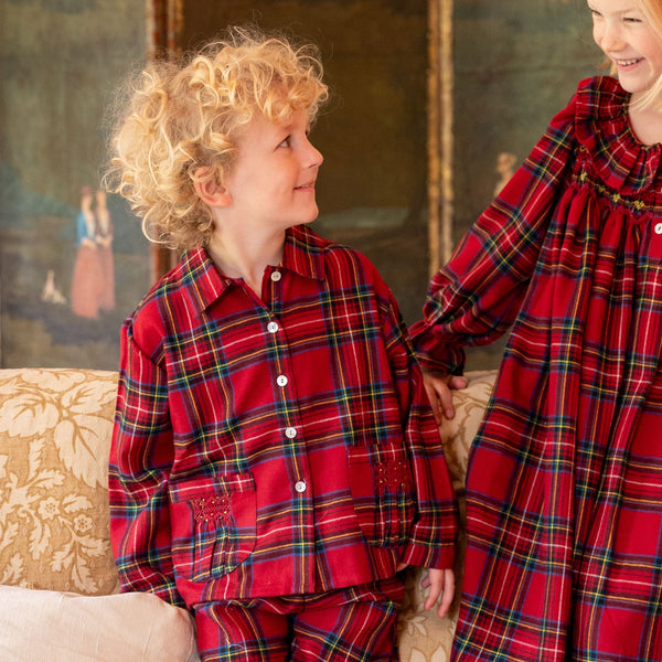 Lilly Parr Pyjamas Highland Tartan with Hearts of Gold Hand Smocking