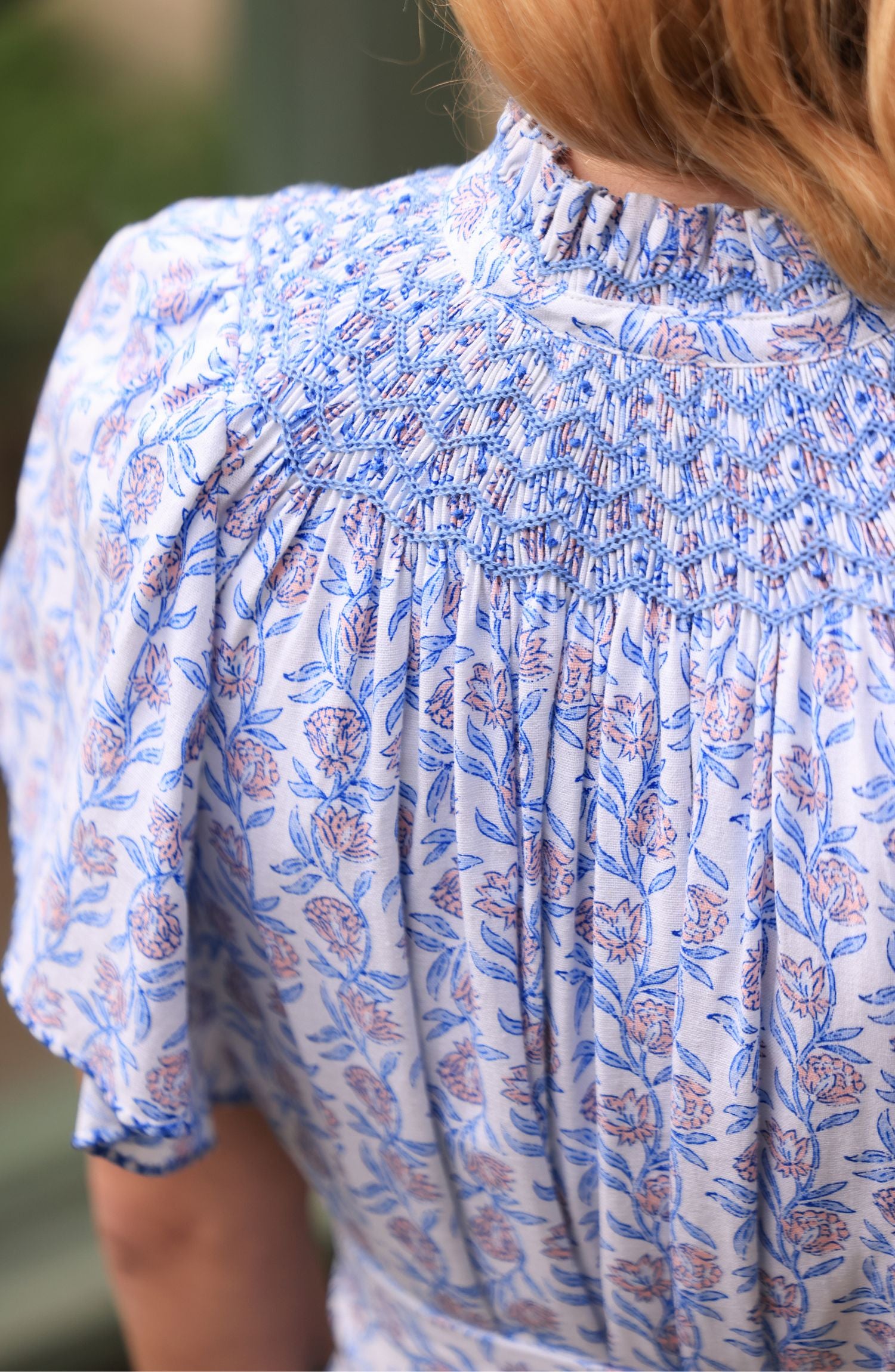 Colette Dress Passionflower Trellis with Delphinium Blue Hand Smocking