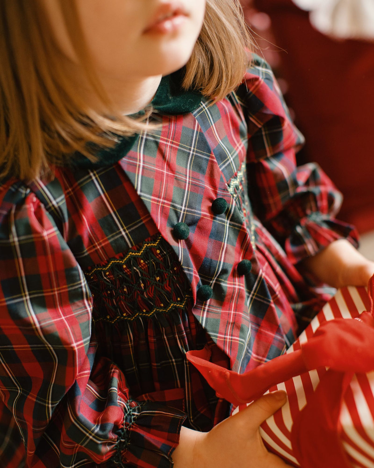 Thatcher Dress McDonald Tartan with Green and Glitter Hand Smocking