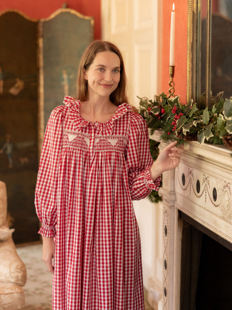 Nightingale Women's Dress Cranberry Gingham with Snow White Hand Smocking