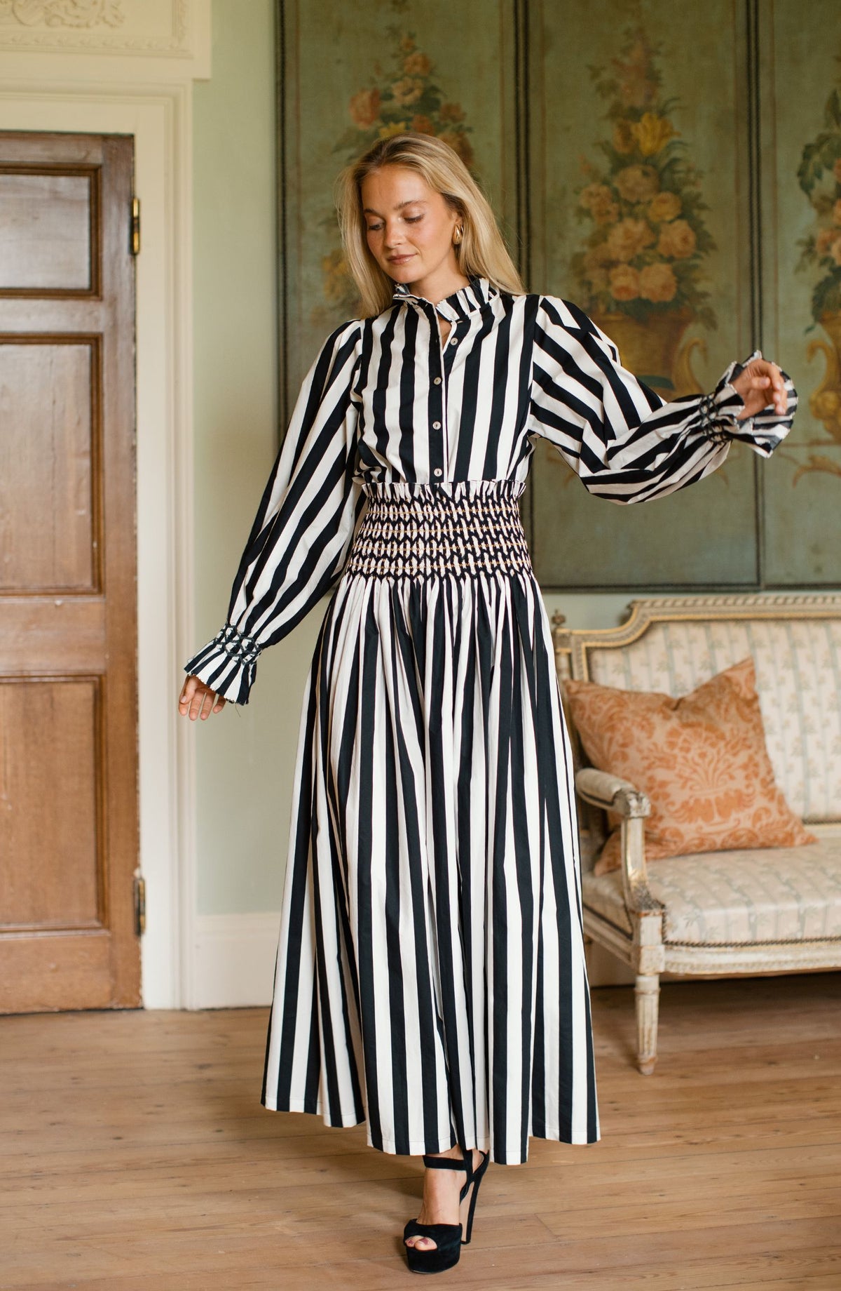 Maxi Sullivan Skirt Palais Royale Stripe with Golden Onyx Hand Smocking