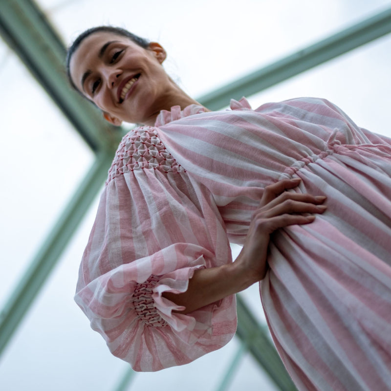 Aloha Wanderwell Dress Powder Pink Stripe with Scarlet Hand Smocking