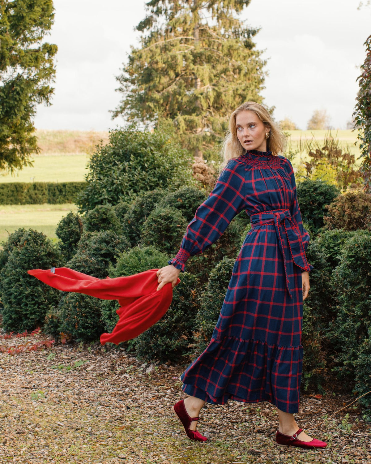 Colette Dress Chelsea Check with Crimson Hand Smocking