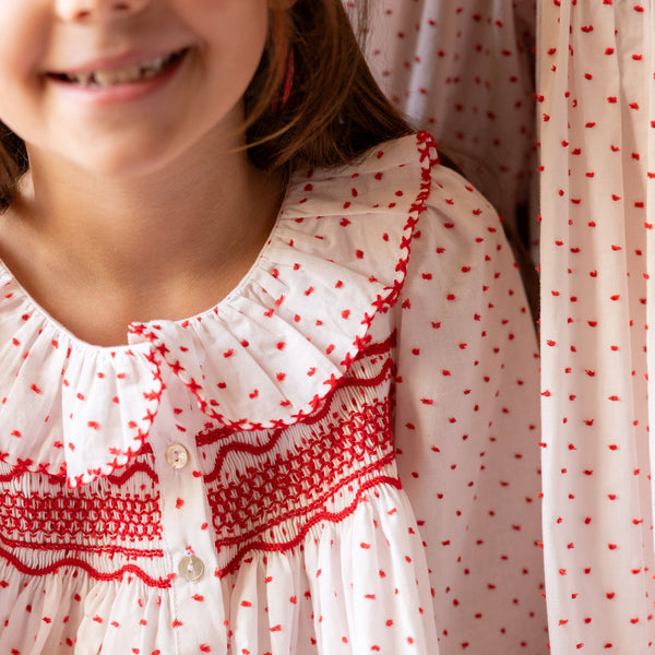 Nightingale Girl's Dress Red Berry Plumetti with Stacked Waves Hand Smocking
