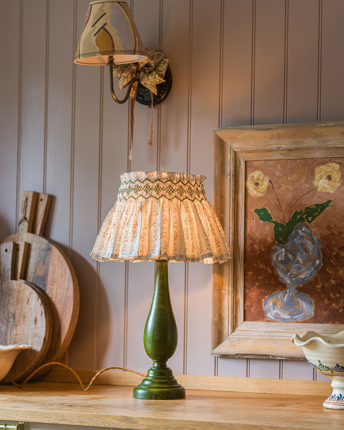 Edit58 x Smock London Elsie Lampshade Secret Garden Trellis with Sage Hand Smocking