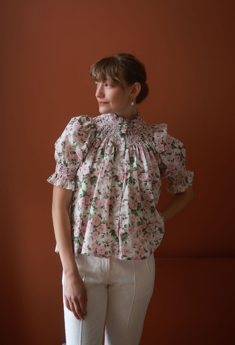 Scholl Short Sleeve Blouse with Generous Gardener Hand Smocking Made with Liberty Carmine Rose Pink Edition 41