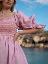 Josefine Butler Dress Raspberry Stripe Seersucker with Cool-Ade Hand Smocking