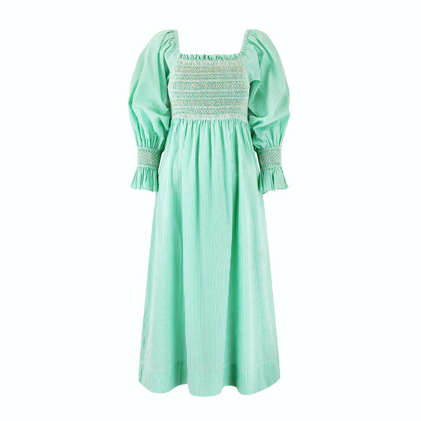 Josefine Butler Dress Kelly Green Seersucker with Cherry Pop Hand Smocking