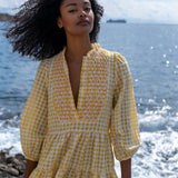 Billie Holiday Short Dress Yellow Submarine Seersucker with Lychee Lemonade Hand Smocking