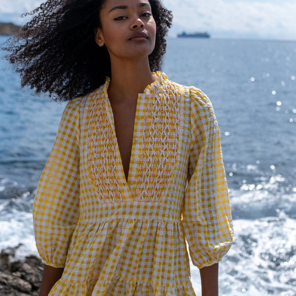Billie Holiday Short Dress Yellow Submarine Seersucker with Lychee Lemonade Hand Smocking