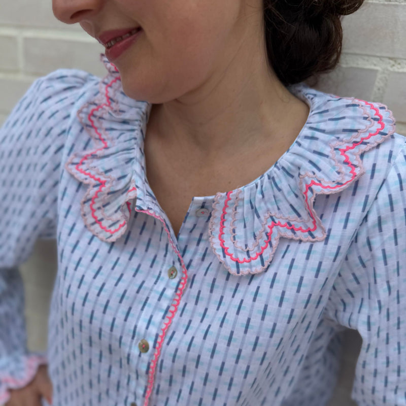 Bronte Blouse Skyscraper Stripes with Strawberrylicious Embroidery