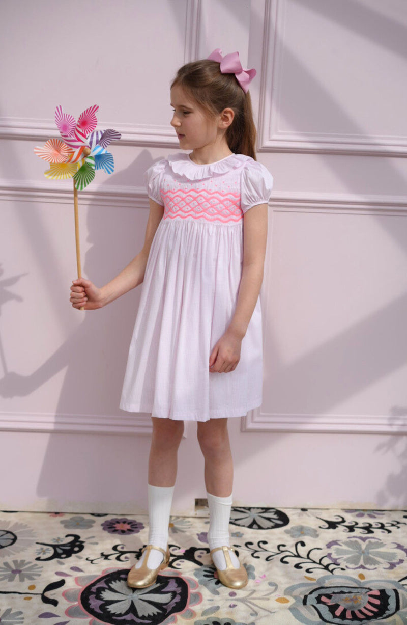 Katherine Johnson Dress Pink Grid Cotton with Strawberrylicious Hand Smocking