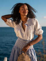 Cleopatra Blouse White with Cornflower Hand Smocking