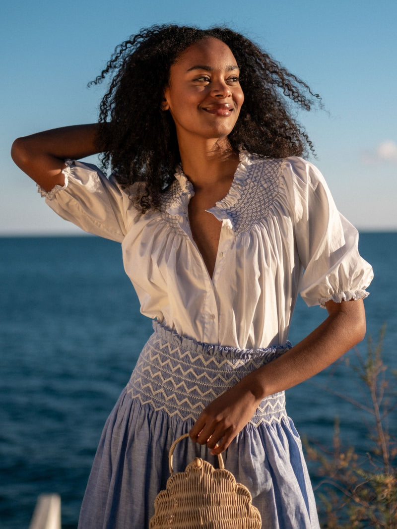 Cleopatra Blouse White with Cornflower Hand Smocking