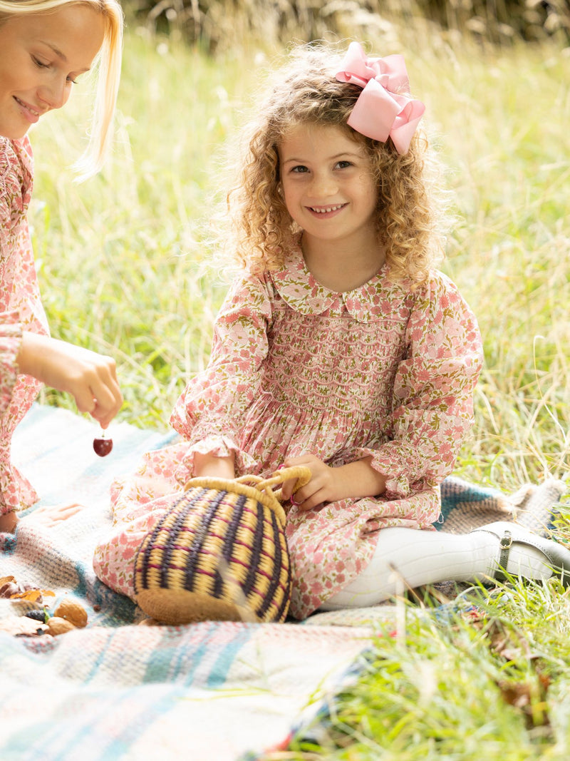 Antoinette Dress with Raspberry Crumble Hand Smocking made with Liberty Poppies & Daisies Fabric
