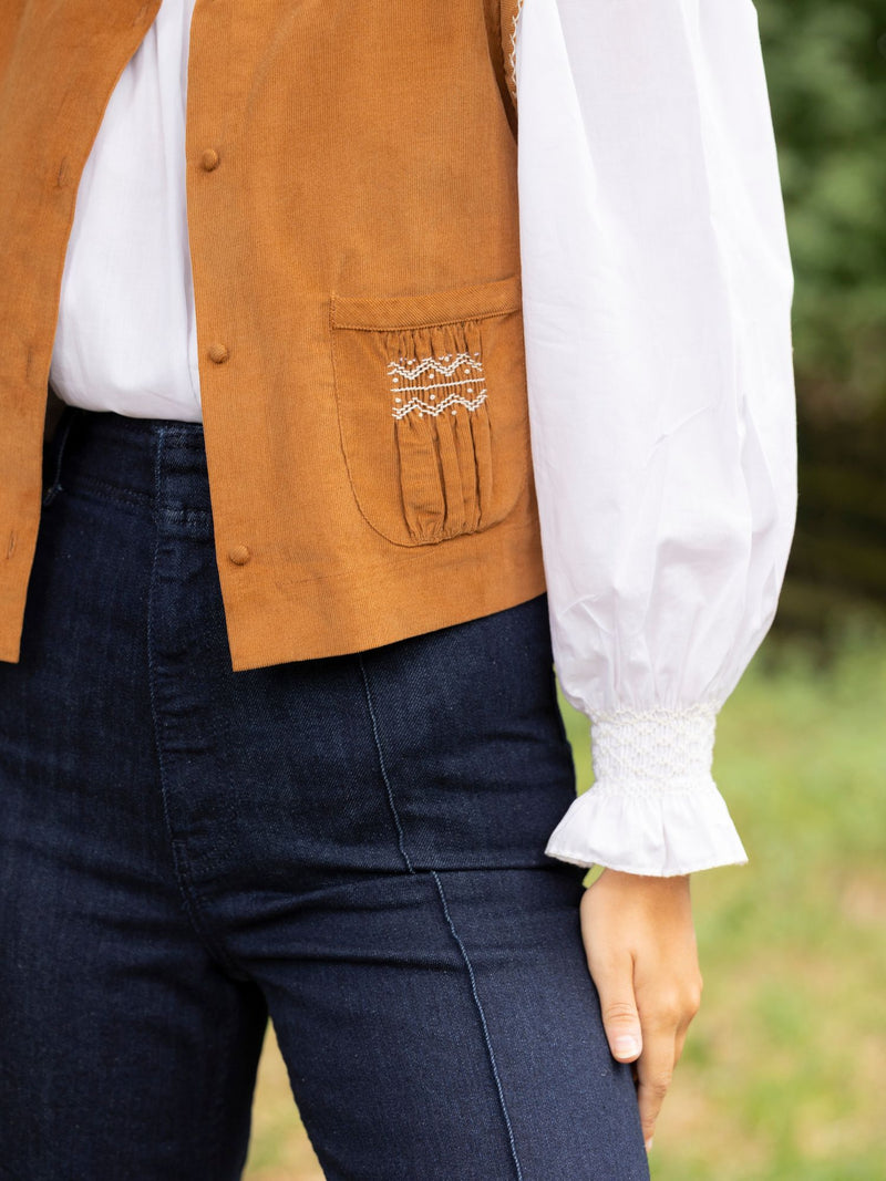C J Walker Waistcoat Butterscotch Needlecord with Spiced Vanilla Hand Smocking Edition 5