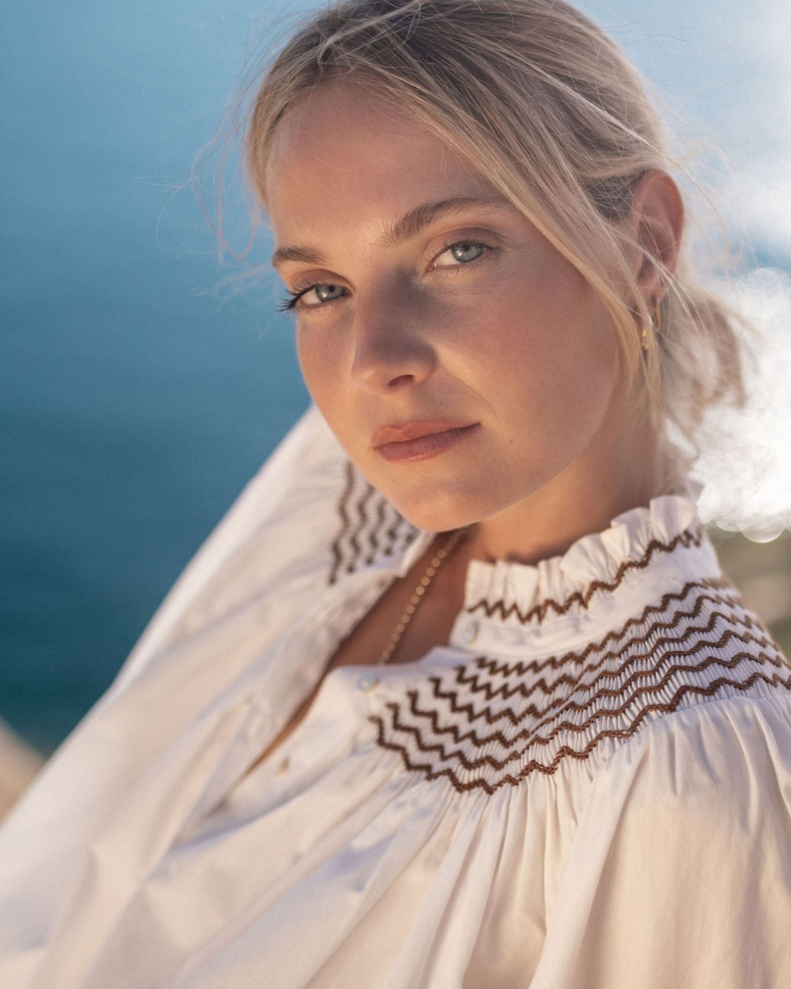 Scholl Women's Summer Blouse White with Chocolate Brown Hand Smocking