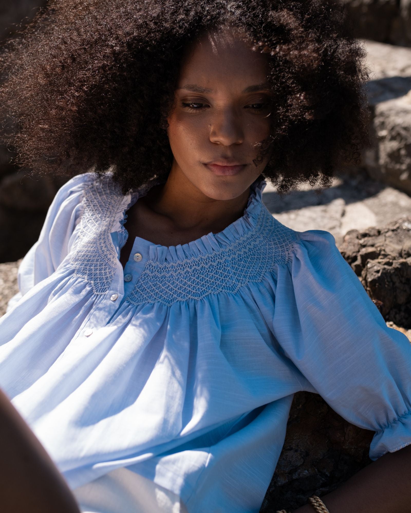 Cleopatra Blouse Blue Sky Cotton with Chalk Hand Smocking Edition 51
