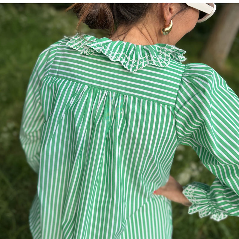 Bronte Blouse Kelly Green Stripes with Sea Spray Embroidery