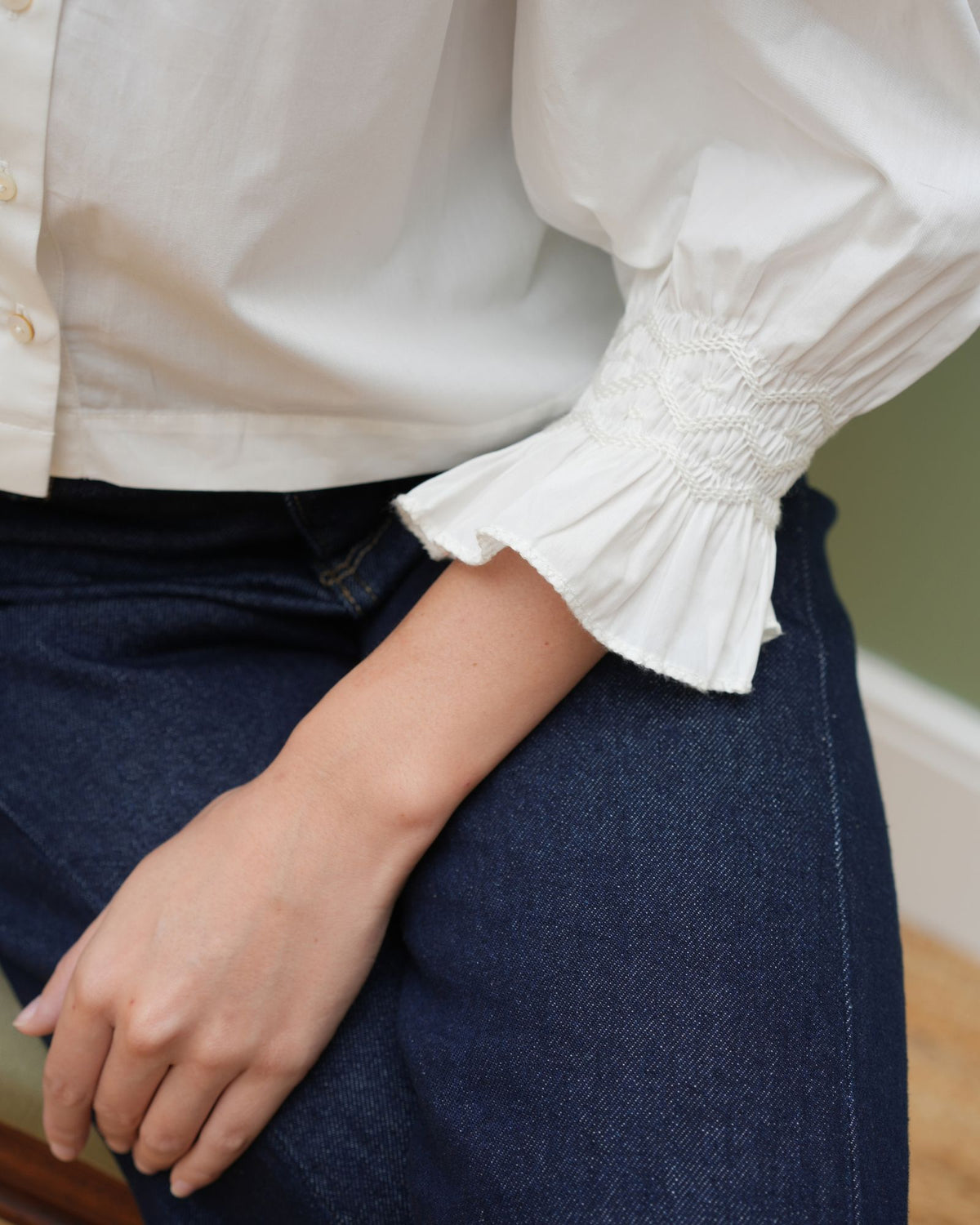 Shelley Blouse White Cotton with Ivory Hand Smocking