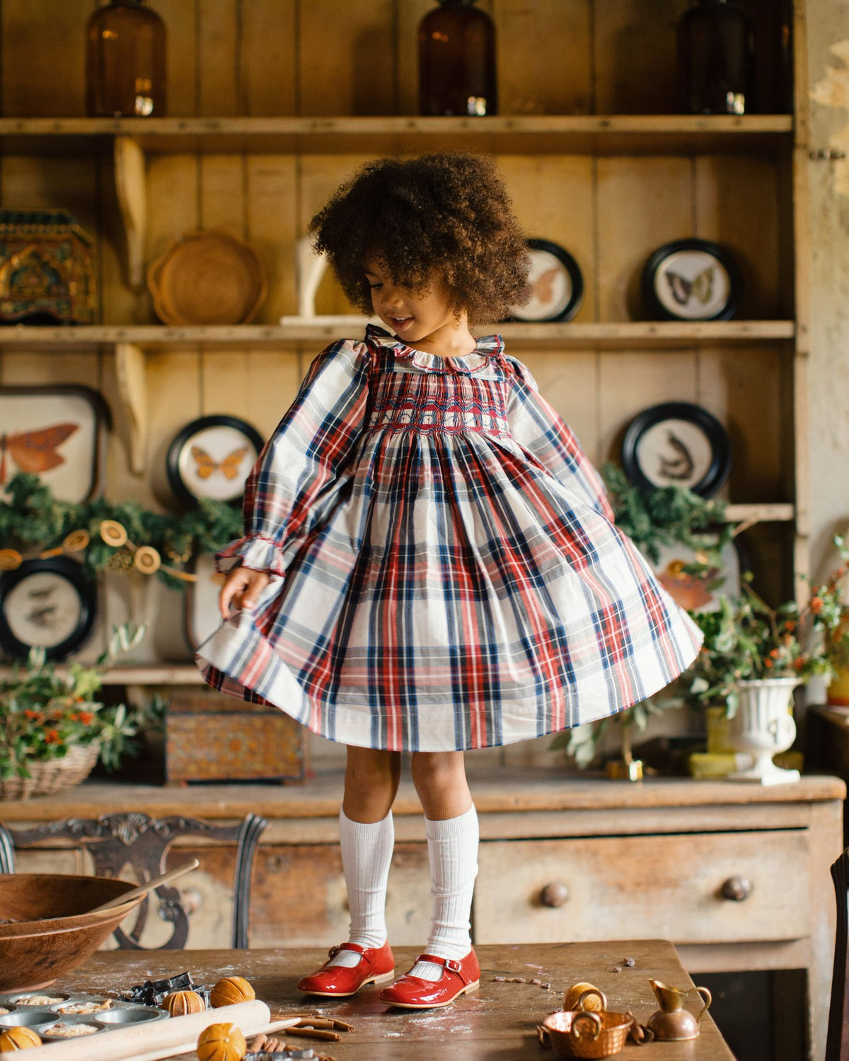 Katherine Johnson Dress Britannia Tartan with Winter Berry Hand Smocking