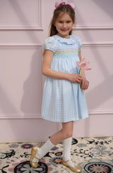 Katherine Johnson Dress Blue Sky Gingham with Rainbow Hand Smocking
