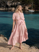Wu Zetian Dress Pink Chevron Stripe with Peppermint Cream Hand Smocking