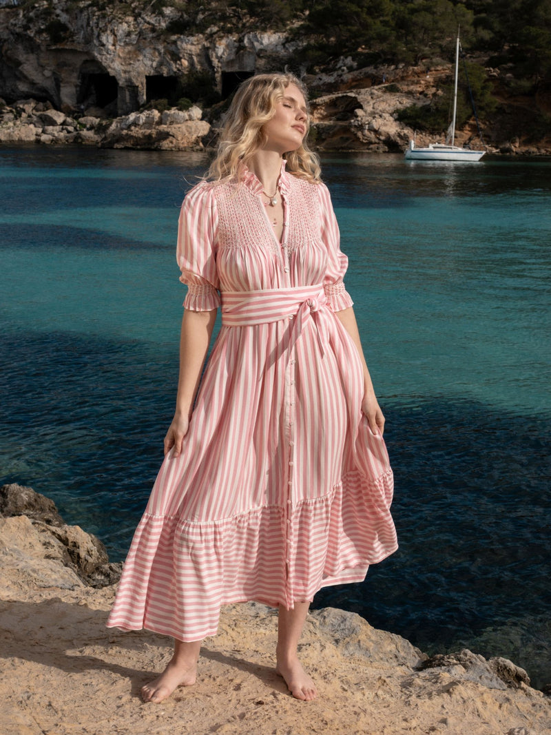 Wu Zetian Dress Pink Chevron Stripe with Peppermint Cream Hand Smocking