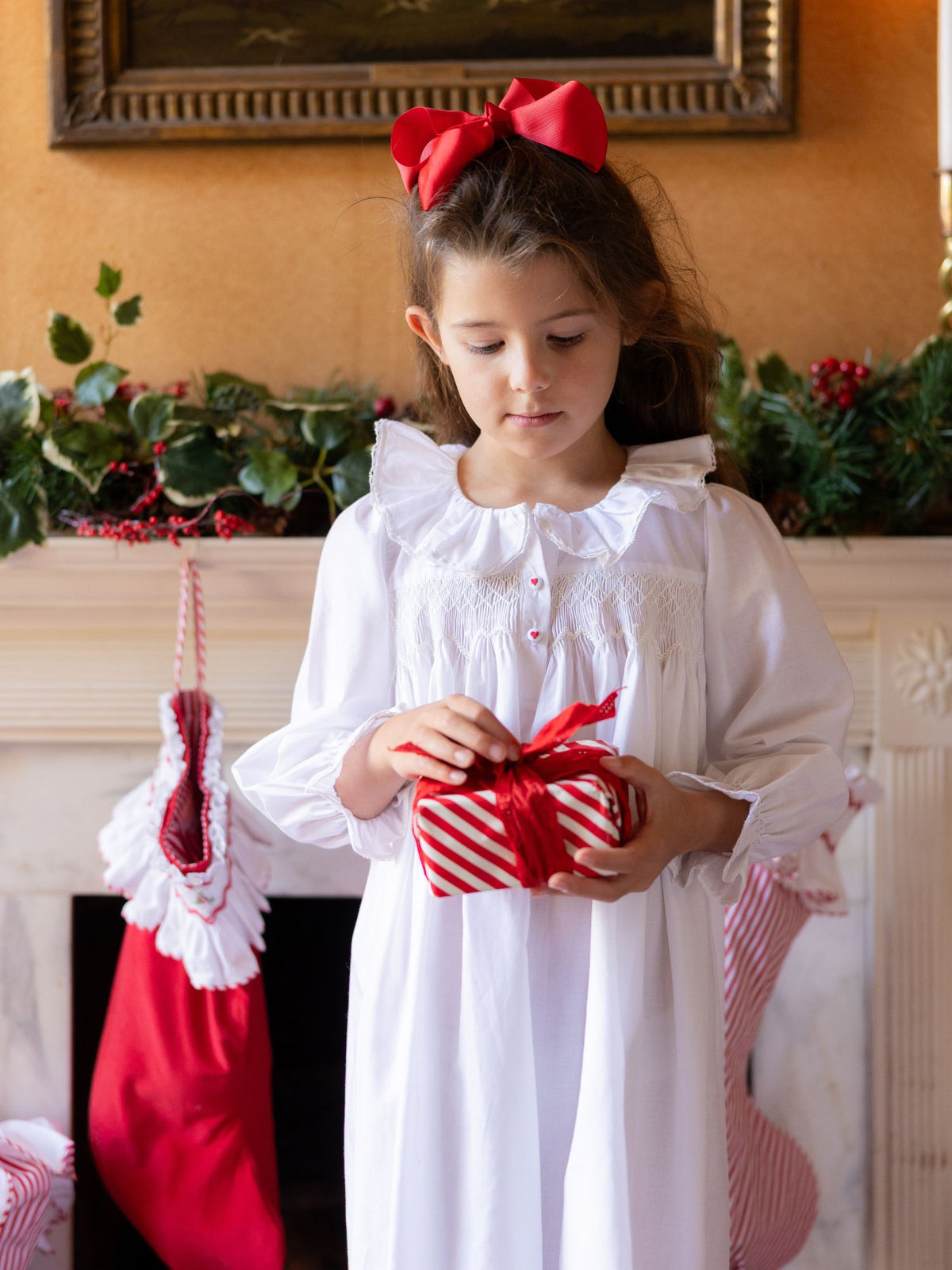 3-4 & 4-6y Nightingale Girl's Dress Moonstone Cotton with Lattice Smocking and Embroidered Heart Buttons