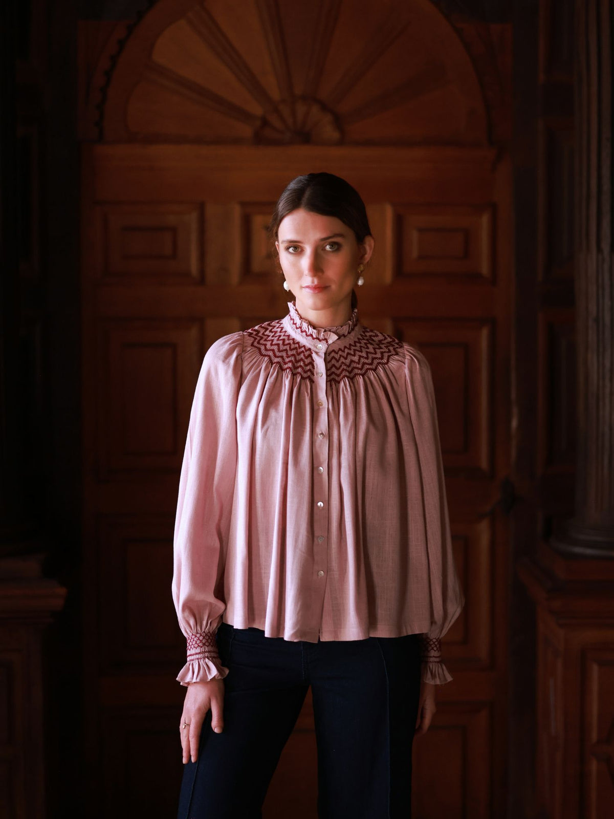 Large Scholl Blouse Dusty Pink linen with Mulberry Hand Smocking Edition 45