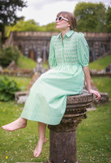 Victoria Woodhull Dress Green Goddess Stripe with Chantilly Hand Smocking