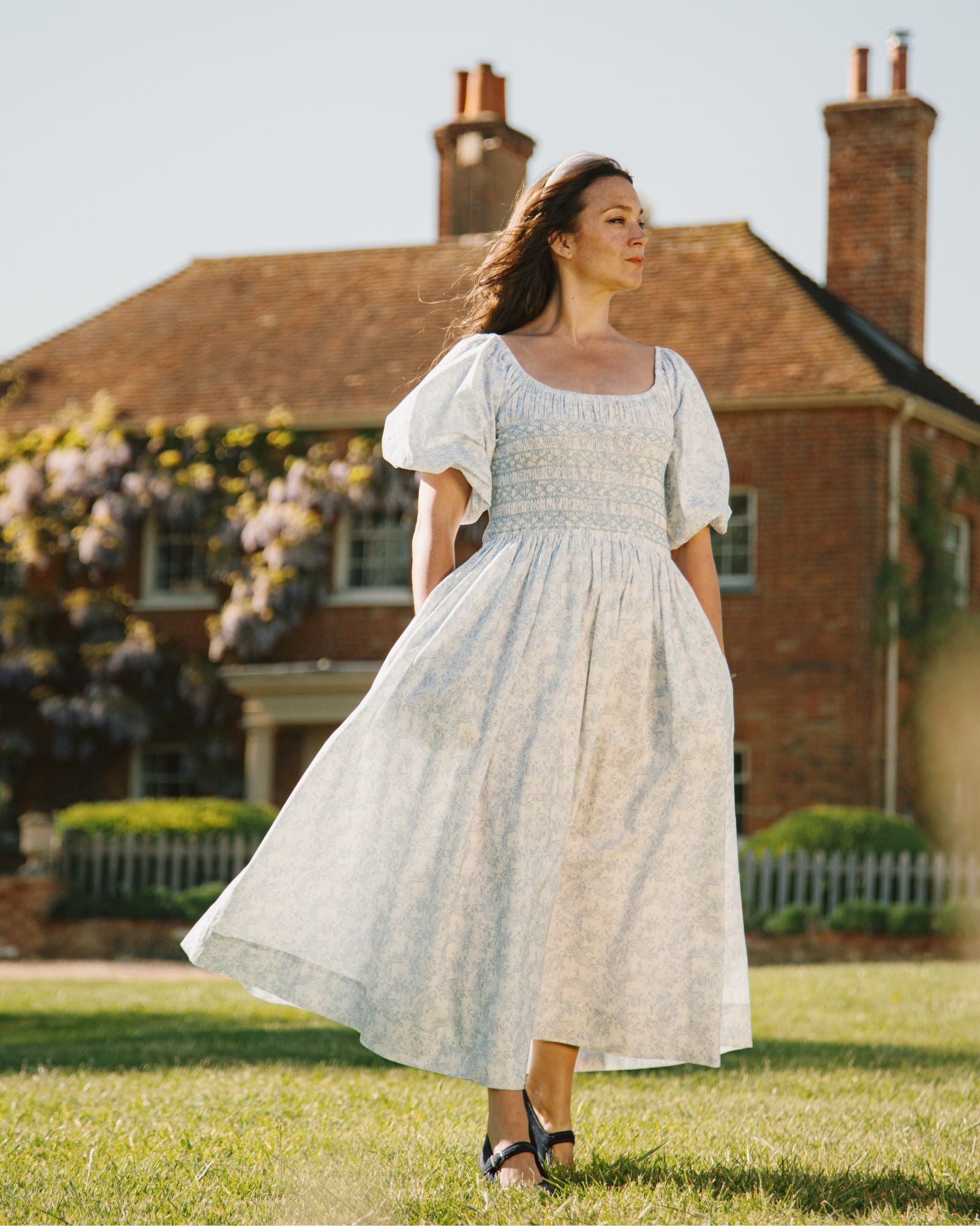My Mulberry House x Smock London Scarlett Dress Toile des Champs with Delphinium Hand Smocking