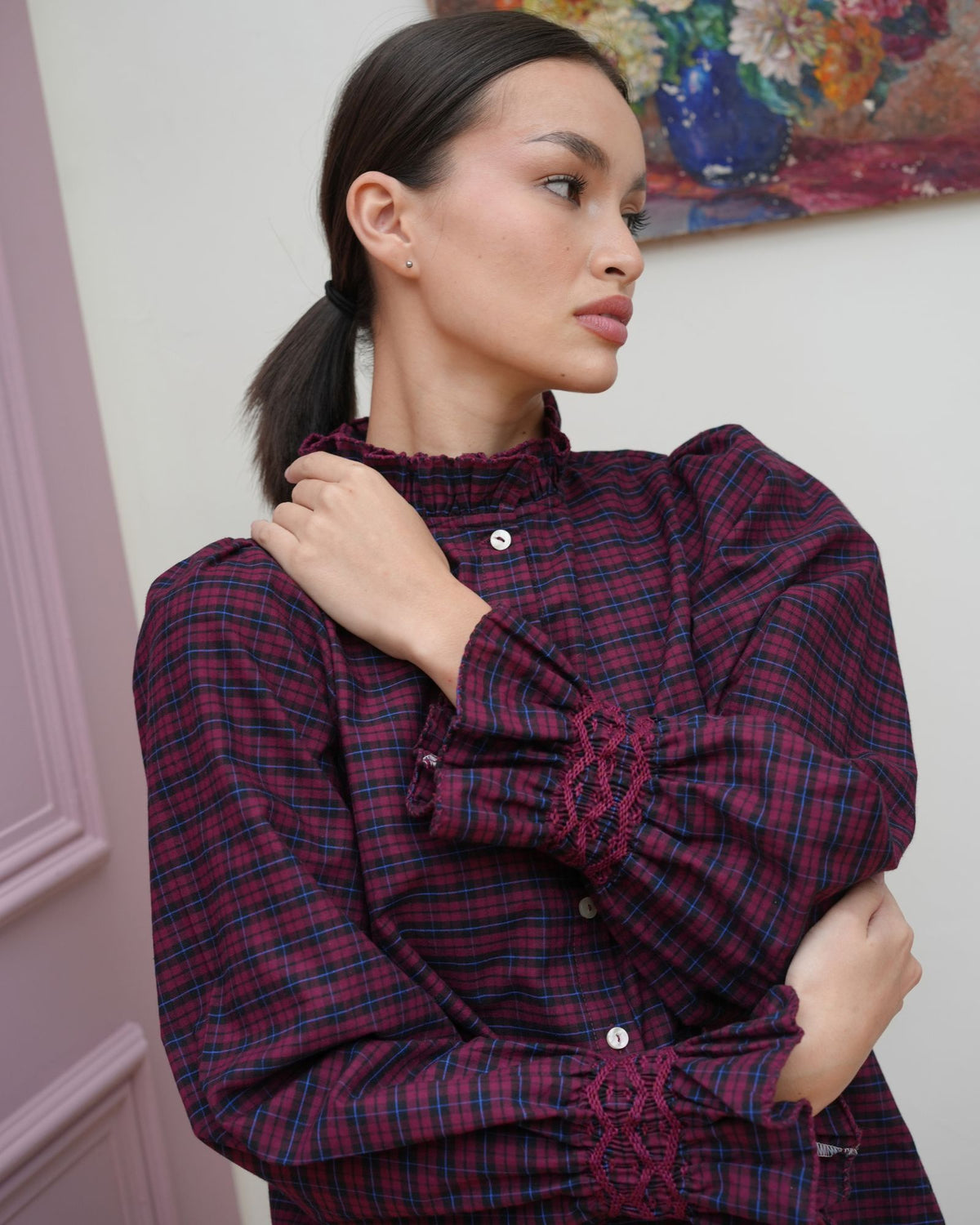 Shelley Blouse Mulberry Plaid with Merlot Hand Smocking Edition 29