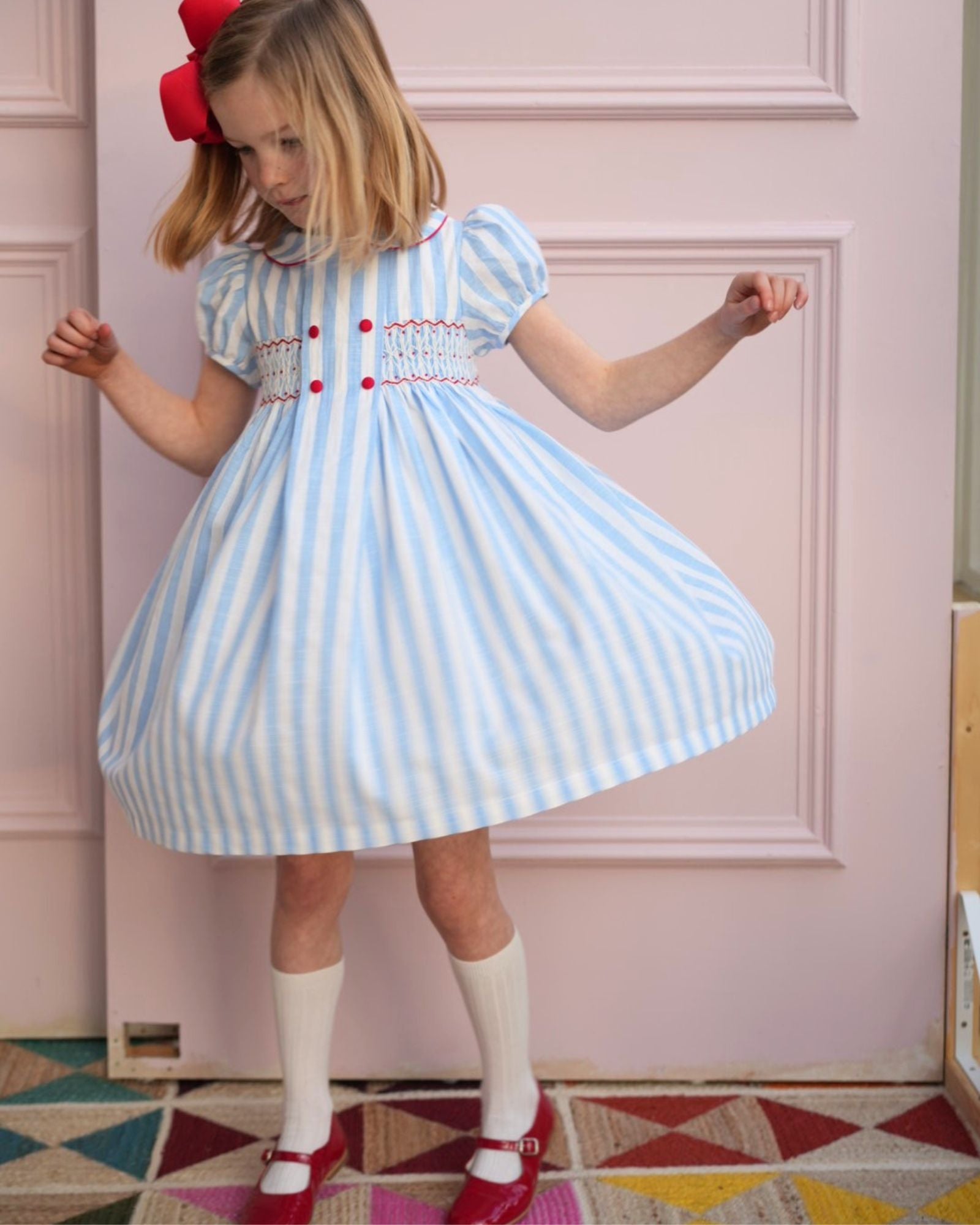 Thatcher Dress Sailor Stripe with White Heart Hand Smocking