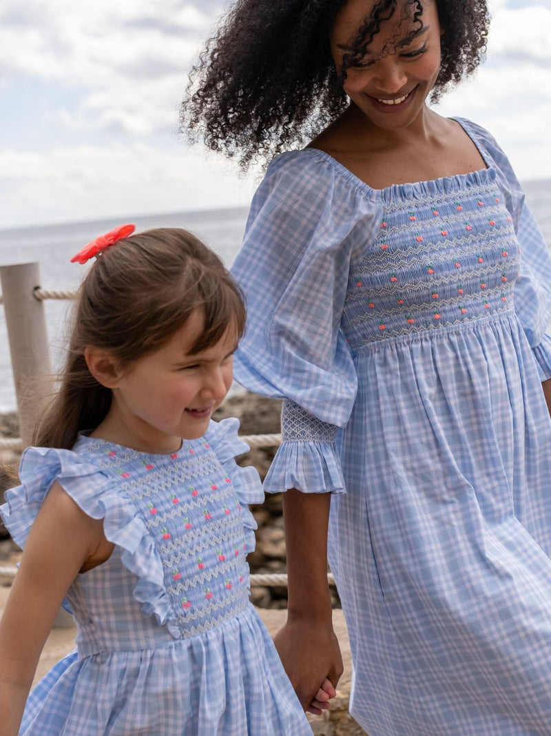 Josefine Butler Dress Seaside Check with Cherries Hand  Smocking