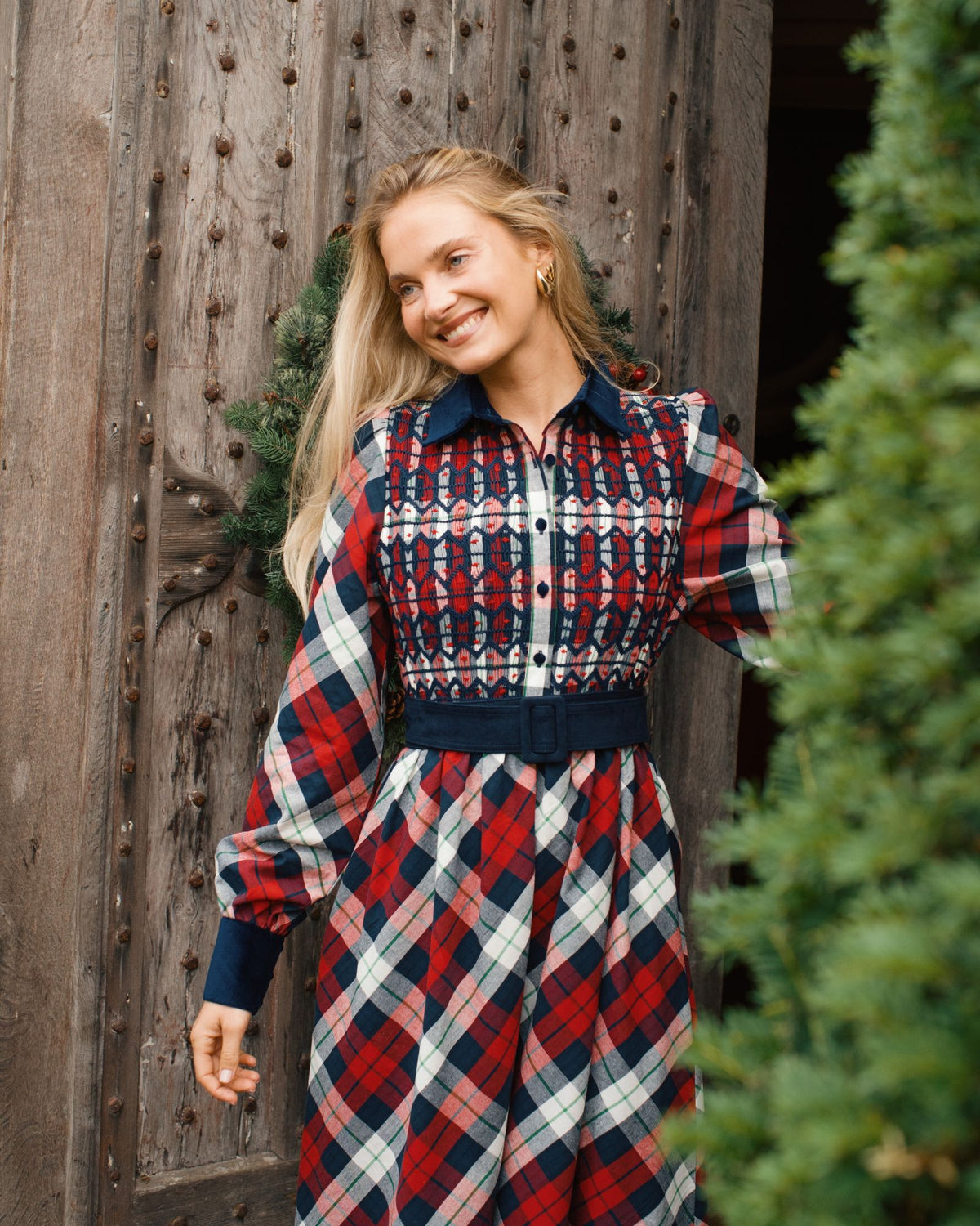 Woodhull Dress Macintyre Tartan with Navy and Red Hand Smocking